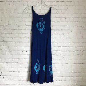 Young Fashion Crinkle Rayon Hawaiian Sun Dress Blue Hibiscus Floral Pullover